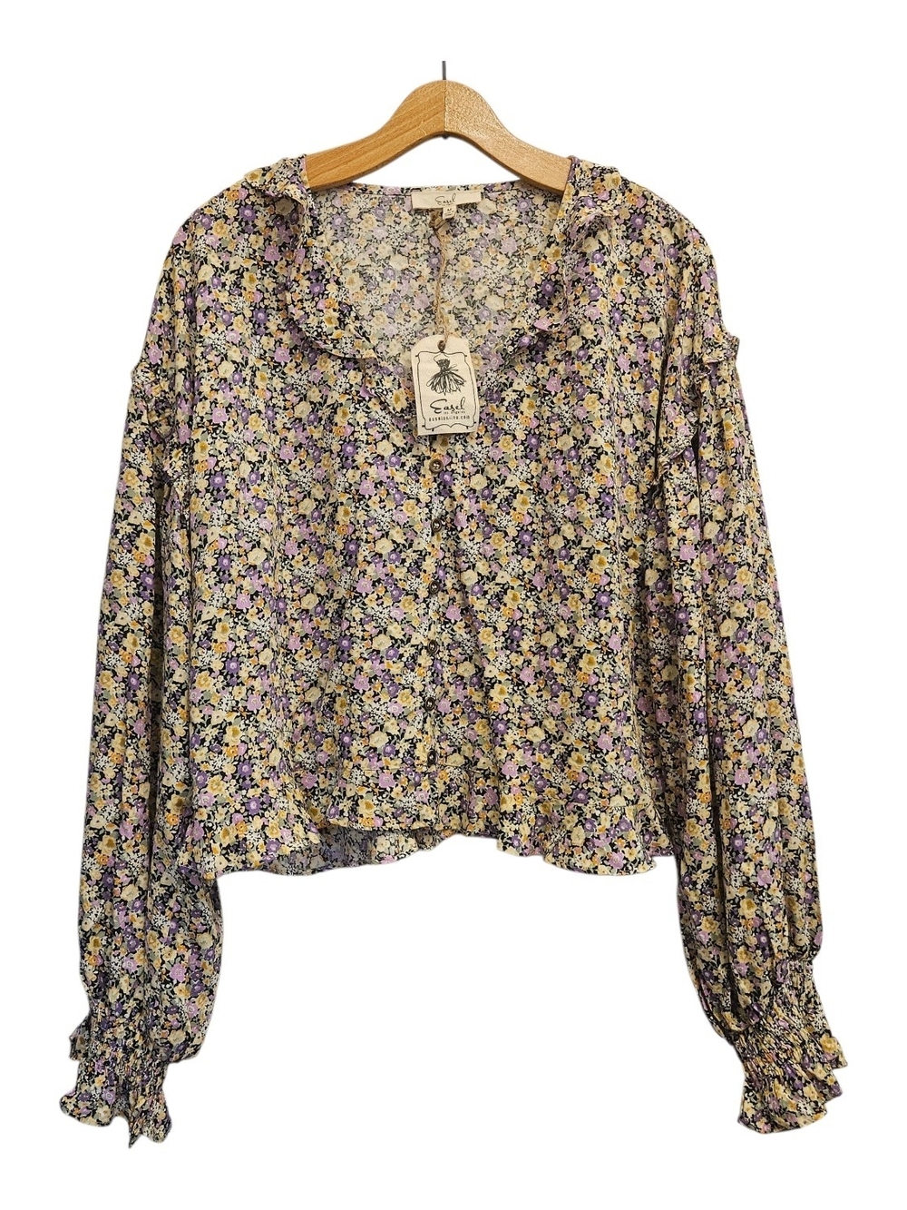Easel Peasant Floral Bishop Long Sleeve Cropped Ruffle Blouse Womens M NWT